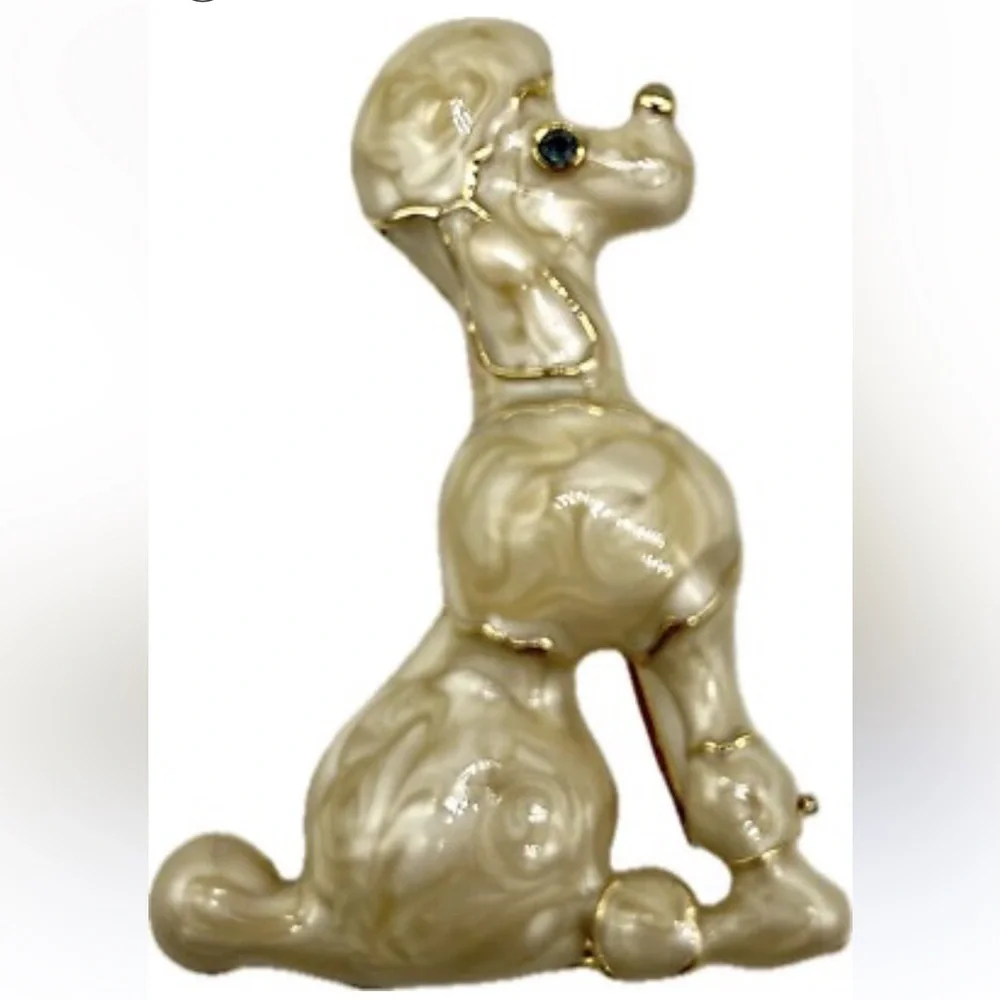 VINTAGE Enamel Ivory Gold Tone Poodle Dog Brooch NIB